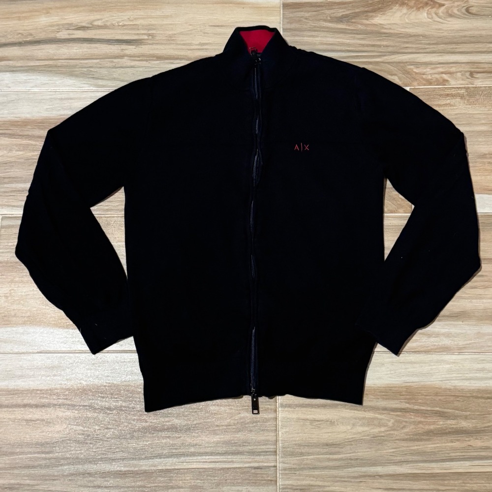 Armani Exchange Mens Full Zip Cardigan Sweater Black Red Mock Neck 7VZE3C ZMQ1Z